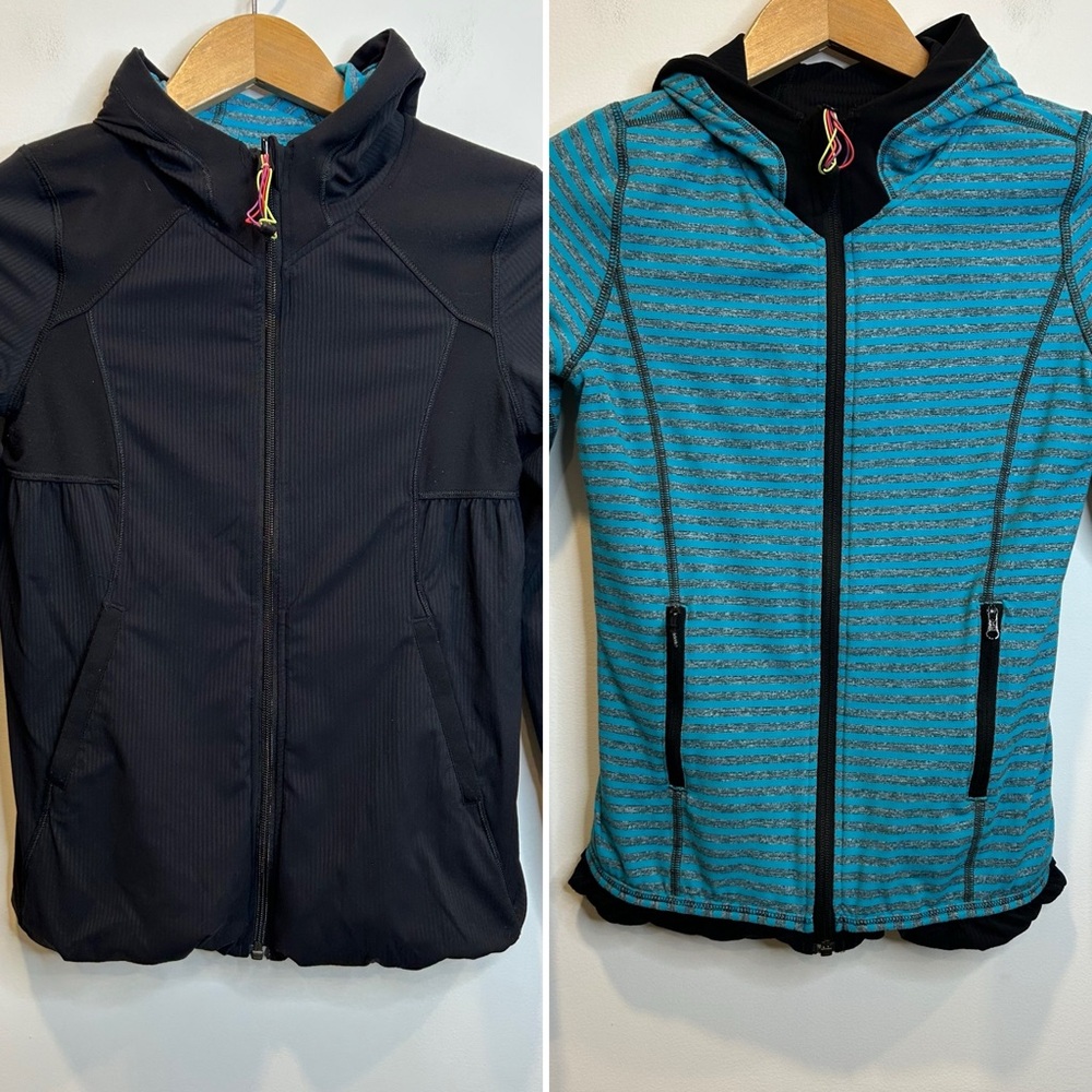Lululemon Ivivva Girls Reversible Hoodie Jacket Black Blue Striped